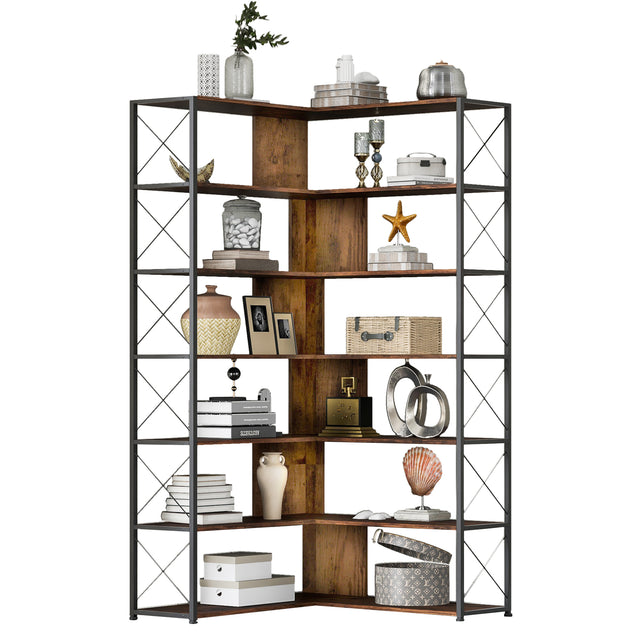 7-Tier Bookcase Home Office Bookshelf, L-Shaped Corner Bookcase with Metal Frame, Industrial Style Shelf with Open Storage, MDF Board