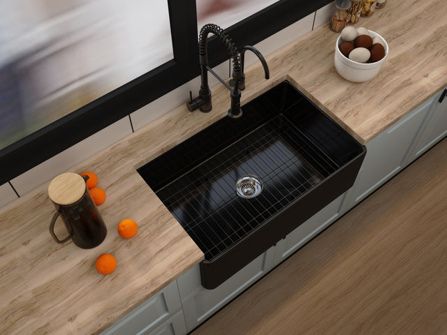 Matt Black Fireclay Farmhouse Kitchen Sink 33 inch Single Bowl Apron Sink with Bottom Grid in & Drain , Black Color