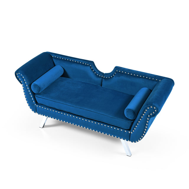 61“Width Modern Accent Velvet Upholstered Loveseat Settee Nailhead Trimming Curved Backrest Rolled Arms Couch with Removable Cushion Silver Metal Legs Living Room Set,Blue