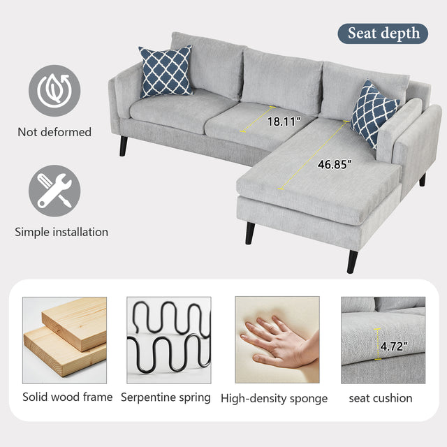 84.65" Modern Upholstered L-Shape Sofa Couch with Chaise and 2 Pillows,3-Seater Couch with rubber wood legs for Living Room,Apartment,Small Space,Light Gray
