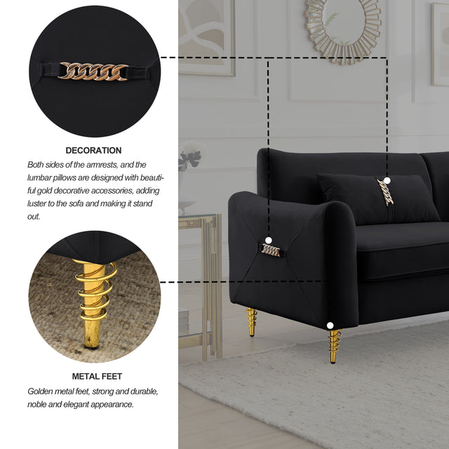 80.3" Modern Sofa Couch Upholstered Sofa Tufted Back Comfy Velvet Long Couch with 2 Pillows and Golden Legs for Living Room, Bedroom, Office, Apartment, Black