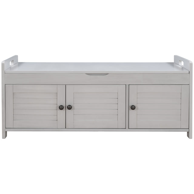 TREXM Storage Bench with 3 Shutter-shaped Doors, Shoe Bench with Removable Cushion and Hidden Storage Space (Gray Wash)