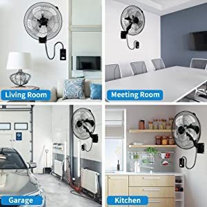 HealSmart 18 Inch Household Commercial Wall Mount Fan, 90 Degree Horizontal Oscillation, 5 Speed Settings, Black, 1-Pack