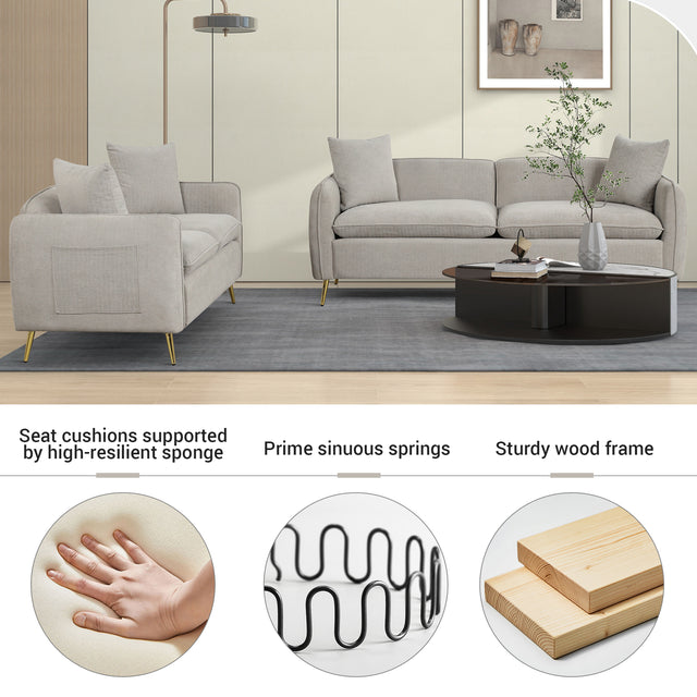 2 Piece Velvet Upholstered Sofa Sets,Loveseat and 3 Seat Couch Set Furniture with 2 Pillows and Golden Metal Legs for Different Spaces,Living Room,Apartment,Gray