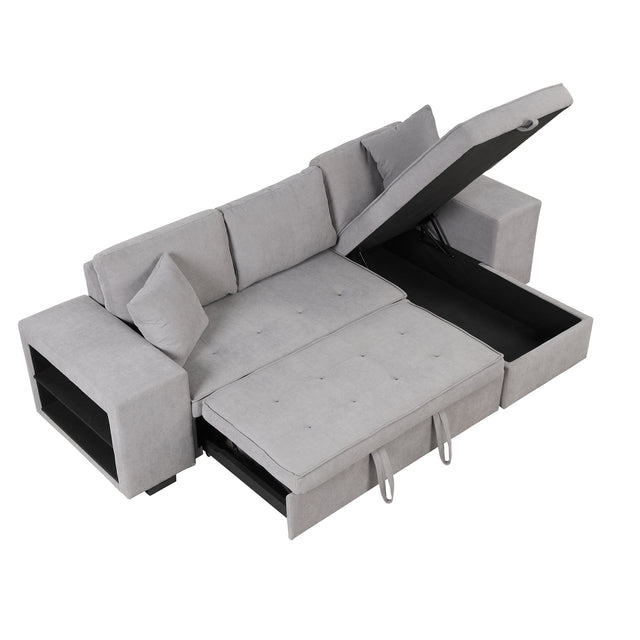 104" Pull Out Sleeper Sofa Reversible L-Shape 3 Seat Sectional Couch with Storage Chaise and 2 Stools for Living Room Furniture Set,Gray