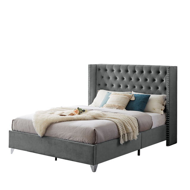B100S Queen bed, Button designed Headboard, strong wooden slats + metal support feet, Gray Flannelette