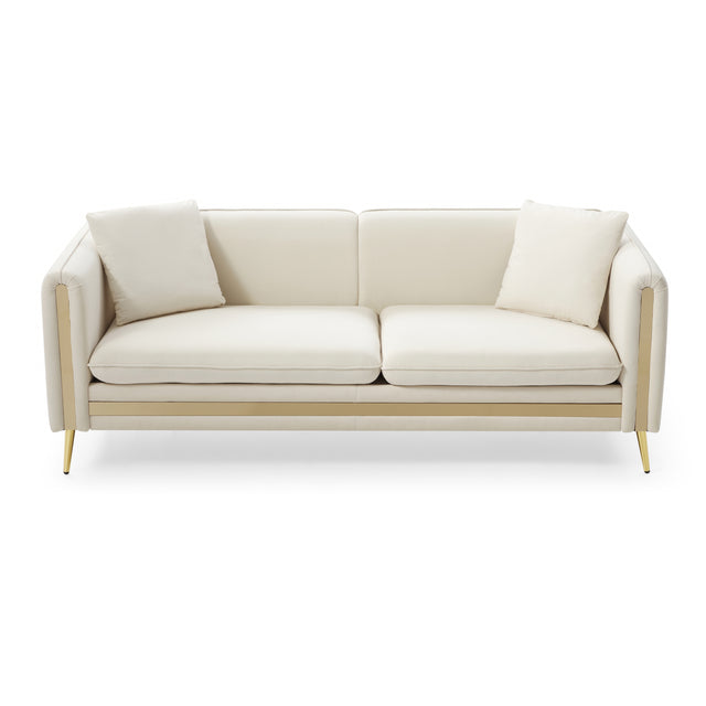 77.2” Modern Upholstered Velvet Sofa 3 Seater Couch with Removable Cushions Side Pocket Mid-Century Tufted Living Room Set Gold Metal Legs,2 Pillows Included,Beige