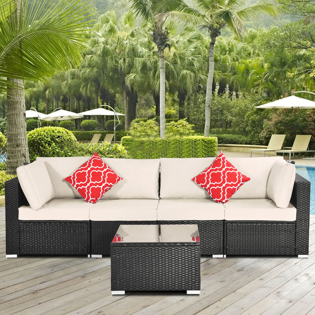 Outdoor Garden Patio Furniture 5-Piece PE Rattan Wicker Cushioned Sofa Sets with 2 Pillows and Coffee Table, outdoor couch;outdoor sectional;porch furniture;patio couch;outdoor sofa;patio furniture se