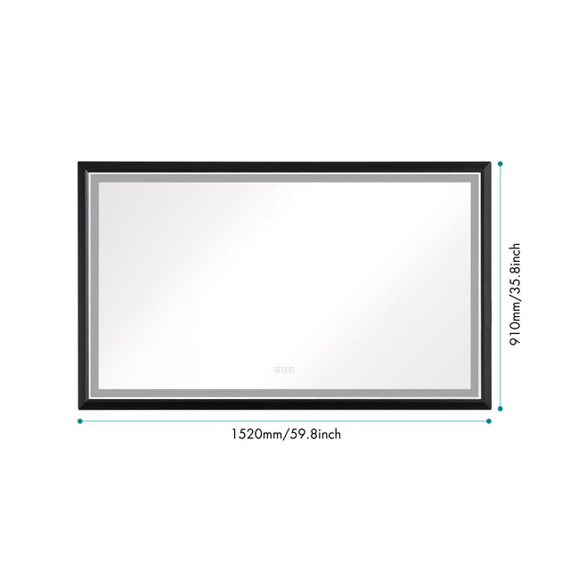 60in. W x 36in. H Oversized Rectangular Black Framed LED Mirror Anti-Fog Dimmable Wall Mount Bathroom Vanity Mirror Wall Mirror Kit For Gym And Dance Studio 36X 60