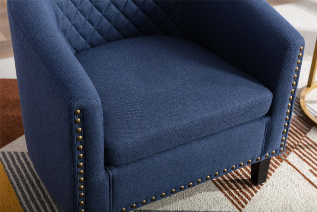 COOLMORE accent Barrel chair living room chair with nailheads and solid wood legs Black Navy Linen