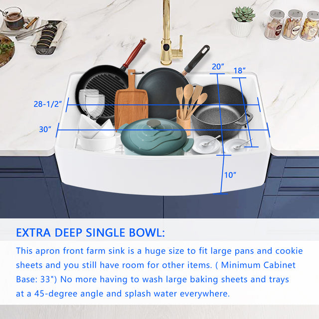 Fireclay 30" L X 20" W Farmhouse Arch Edge Apron Front Single Bowl Kitchen Sink