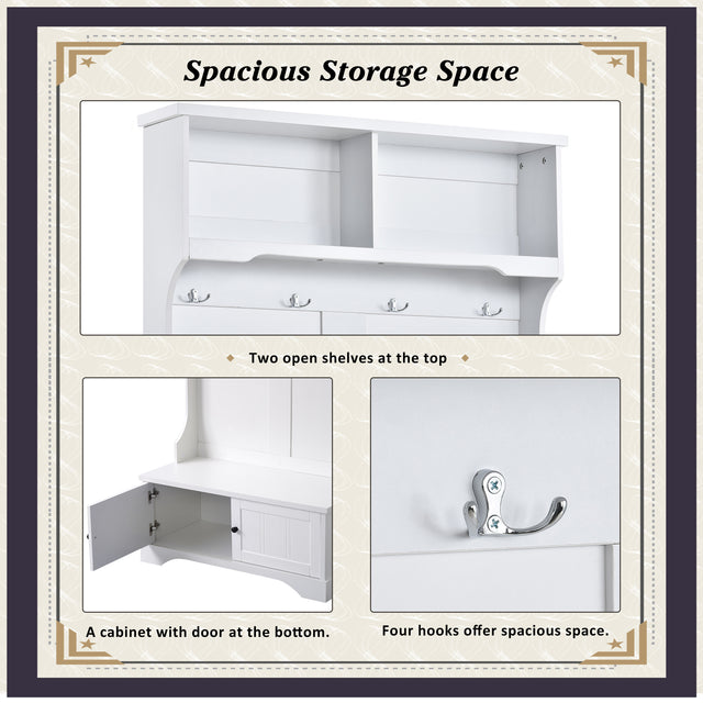 ON-TREND Hall Tree Entryway Bench with Shelves Cabinet and Four Hooks, 3-in-1 Design, White