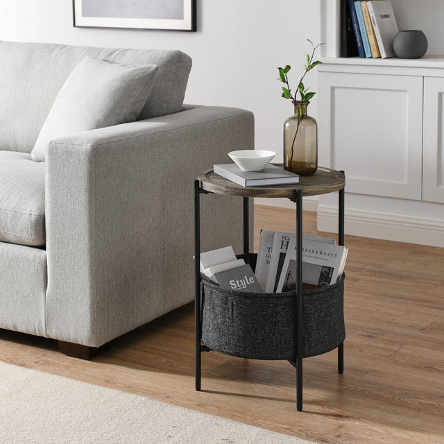 Modern Accent End Table with Storage Basket,Grey Cloth Bag and Brown Top (18“x18”x24“)