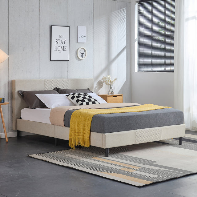 Queen Bed Frame/Velvet Upholstered Bed Frame with Diamond grid Channel Tufted Headboard/Strong Wooden Slats/Platform Bed Frame/Mattress Foundation/Box Spring Optional/Easy Assembly/Beige