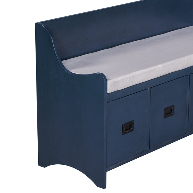 TREXM Movable Cushion Storage Bench with Drawers and Backrest for Entryway and Living Room(Antique Navy)