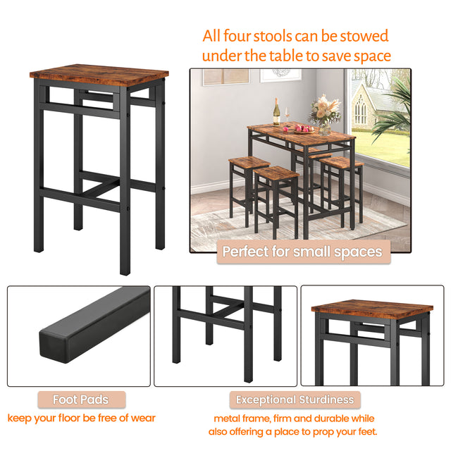 Bar table set 5PC Dinging table set with high stools, structural strengthening, industrial style. Rustic Brown, 43.31'' L x 23.62'' W x 35.43'' H.