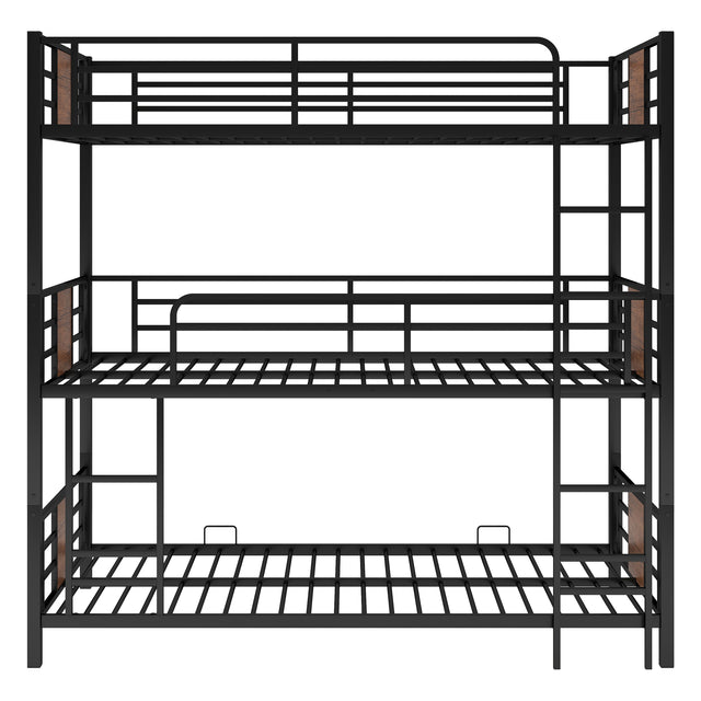 Twin Size Triple Metal Bunk Bed, with Wood Decoration Headboard and Footboard, Brown