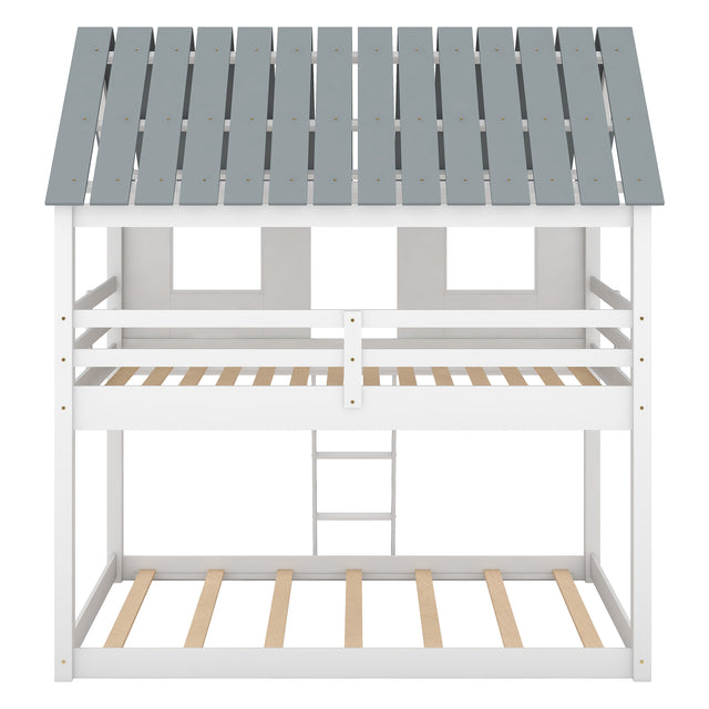 Twin over Twin Size Low Bunk Beds with Roof and Fence-shaped Guardrail, White