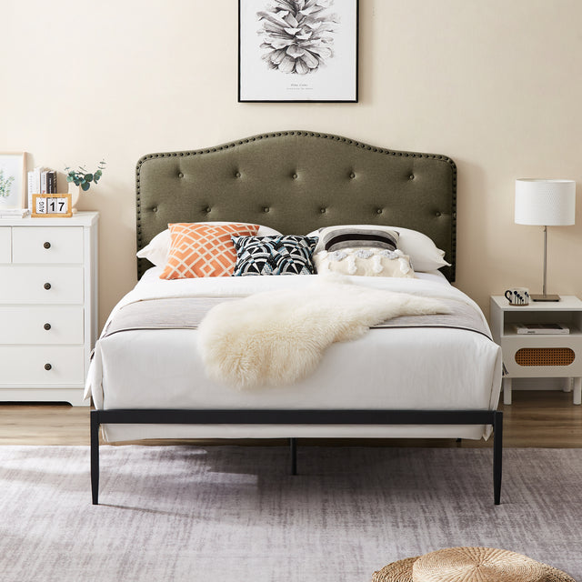 B113 Queen bed, Beautiful headboard with buttons Strong iron frame with high temperature paint