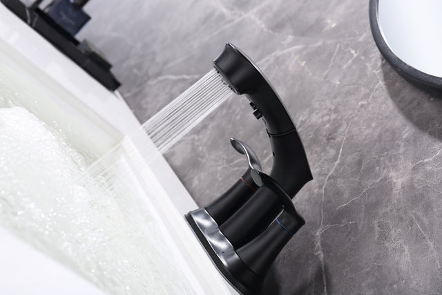 Bathroom Faucets for Sink 3 Hole,Brushed Nickel Bathroom Faucet with Pull Out Multi Functional Sprayer,Vanity Sink Faucet 2 Handle Centerset 4 inch Pull Down Faucet with 2 Water Lines,RV Camper Faucet