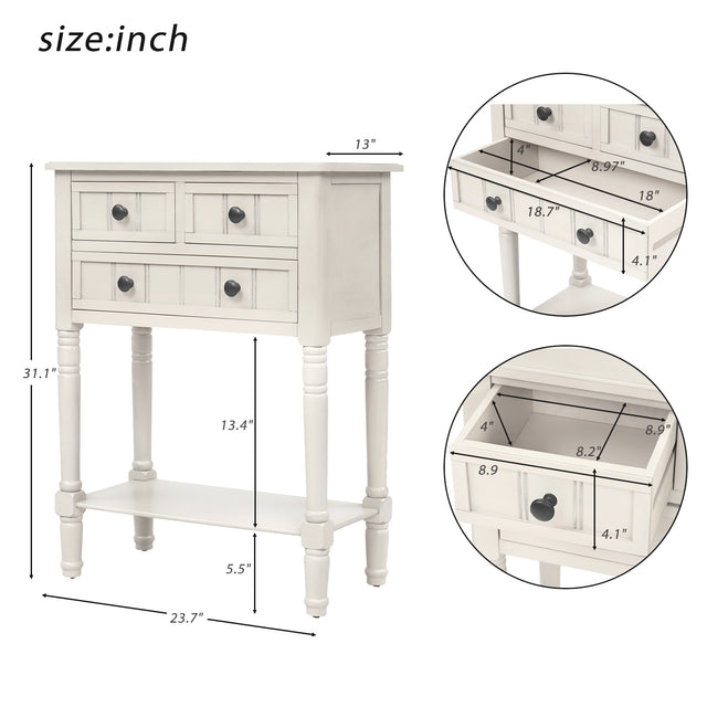 TREXM Narrow Console Table, Slim Sofa Table with Three Storage Drawers and Bottom Shelf (Ivory White)