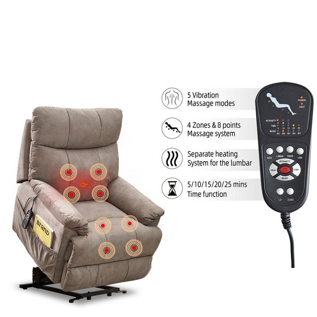 Large size Electric Power Lift Recliner Chair Sofa for Elderly, 8 point vibration Massage and lumber heat, Remote Control, Side Pockets, cozy fabric, overstuffed arm, heavy duty 230LB