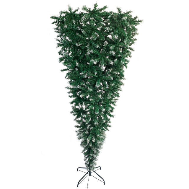 Upside Down Green Christmas Tree, Xmas Tree with LED Warm White Lights, Green leaves with part spraying White, Reinforced Metal Base & Easy Assembly 7.4ft X-mas
