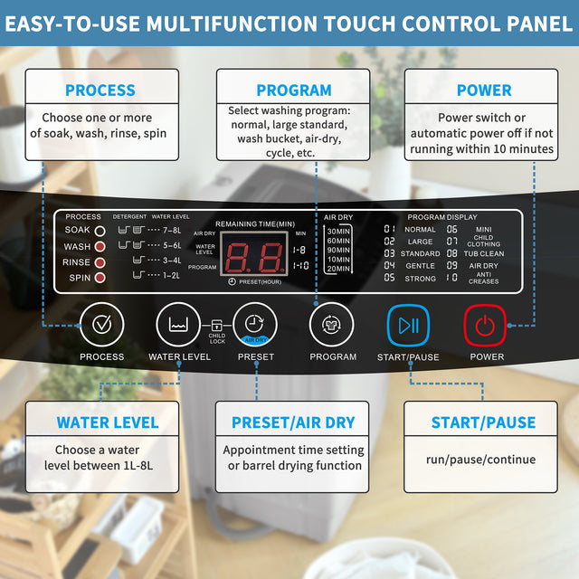 Top Loading Compact Fully Automatic Washing Machine, 1.24 Cu.ft, with LED Display, 8 Water Levels, 10 Wash Programs, Wash Schedule, Tub Air Dry, Tub Self Clean, Child Lock,Dorms, RVs, Camping