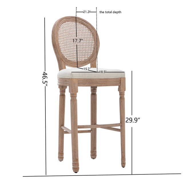 Hengming French Country Wooden Barstools Rattan Back With Upholstered Seating , Beige and Natural ,Set of 2