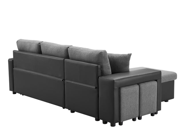 Artemax 92.5“Linen Reversible Sleeper Sectional Sofa with storage and 2 stools Steel Gray