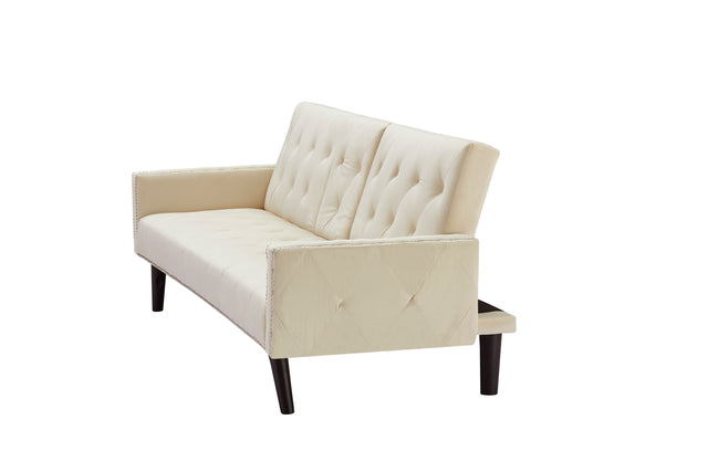 1730 Sofa Bed Armrest with Nail Head Trim with Two Cup Holders 72" Beige Velvet Sofa for Small Spaces