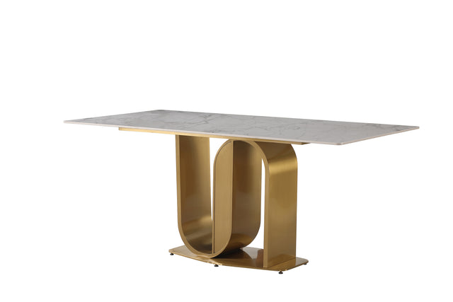 71" Contemporary Dining Table in Gold with Sintered Stone Top and U shape Pedestal Base in Gold finish with 6 pcs Chairs .