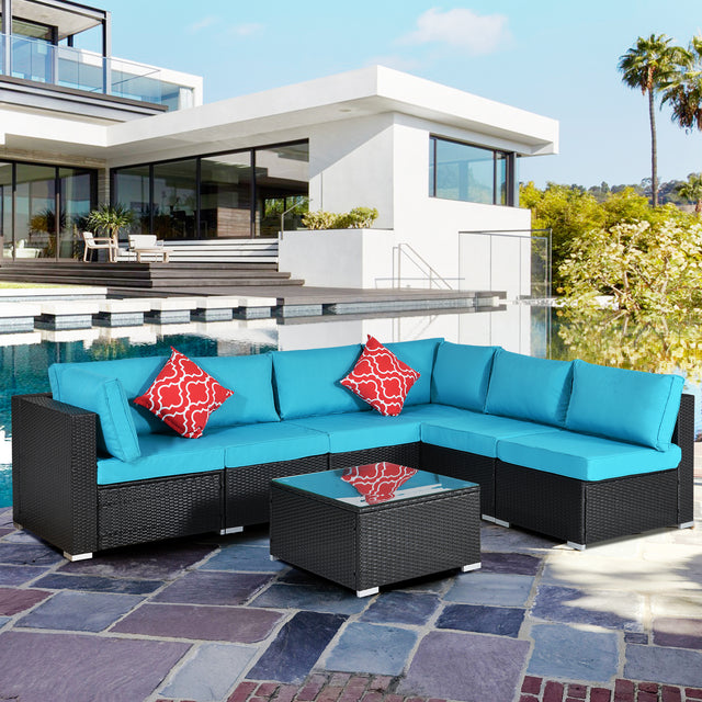Outdoor Garden Patio Furniture 7-Piece PE Rattan Wicker Cushioned Sofa Sets with 2 Pillows and Coffee Table, patio furniture set;outdoor couch;outdoor couch patio furniture;outdoor sofa;patio couch