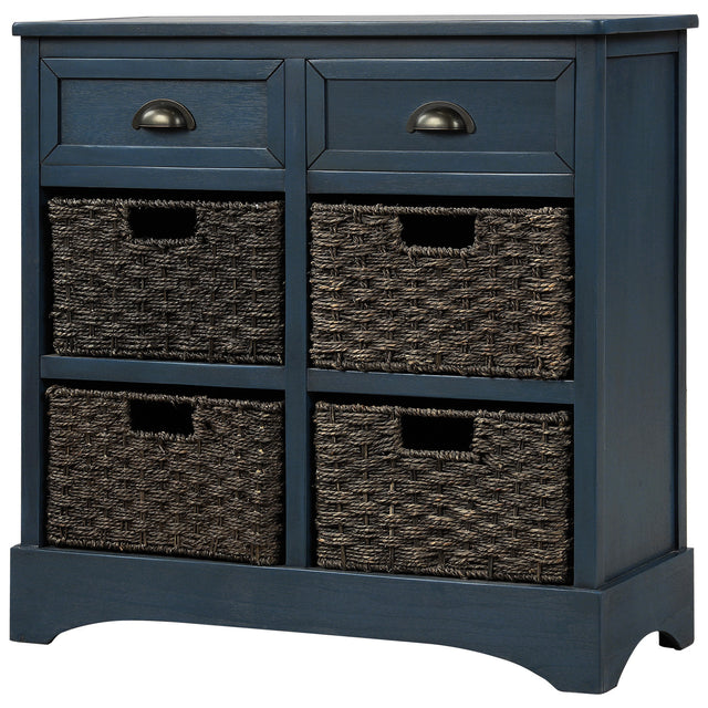 TREXM Rustic Storage Cabinet with Two Drawers and Four Classic Rattan Basket for Dining Room/Entryway/Living Room (Antique Navy)