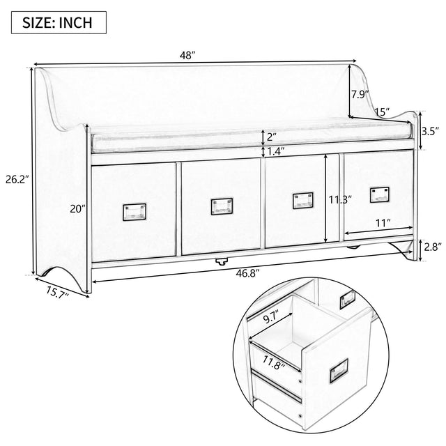 TREXM Movable Cushion Storage Bench with Drawers and Backrest for Entryway and Living Room(White)