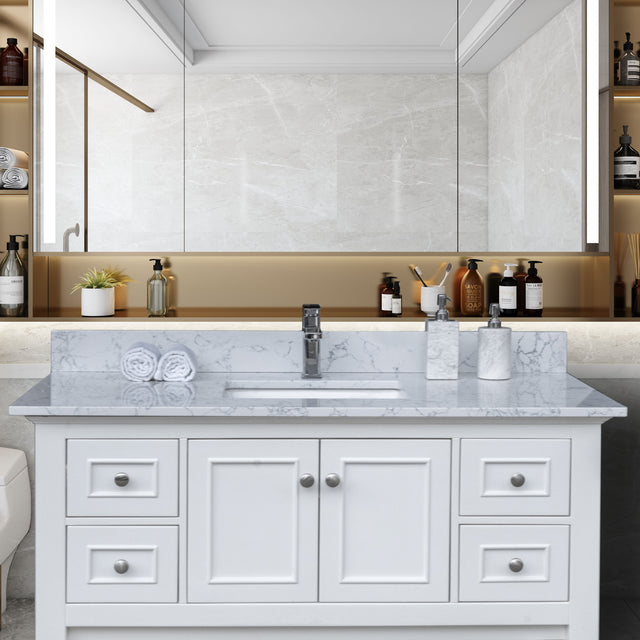 Montary 43"x 22" bathroom stone vanity top carrara jade engineered marble color with undermount ceramic sink and single faucet hole with backsplash