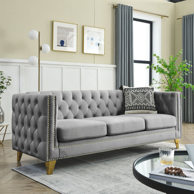 {Contact us for 3D modeling} Velvet Sofa for Living Room,Buttons Tufted Square Arm Couch, Modern Couch Upholstered Button and Metal Legs, Sofa Couch for Bedroom, Grey Velvet