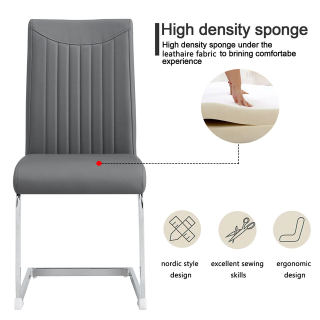 Modern Dining Plating leg Dining chair Chair, PU  Leather High Back Cushion Side  Chair with Vertical stripe backrest pattern for Dining Room Kitchen Vanity Patio Office Chair (Set of 4) (Grey+PU)