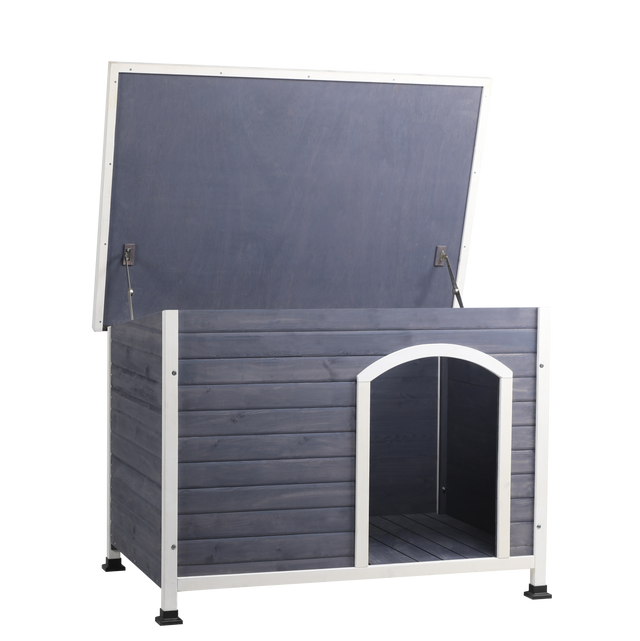 Outdoor Wooden Dog House with Hinges,Raised Feet,Openable Asphalt Roof&Removable Floor