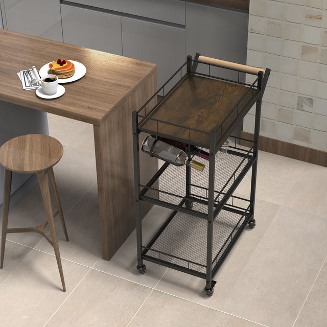 3 Tier Metal Mesh Rolling Storage Cart, Mesh Storage Pantry Cart with Lockable Wheels Wood Look Top and Metal Frame,Rolling Utility Cart for Kitchen Bathroom, Office, Library, Coffee Bar