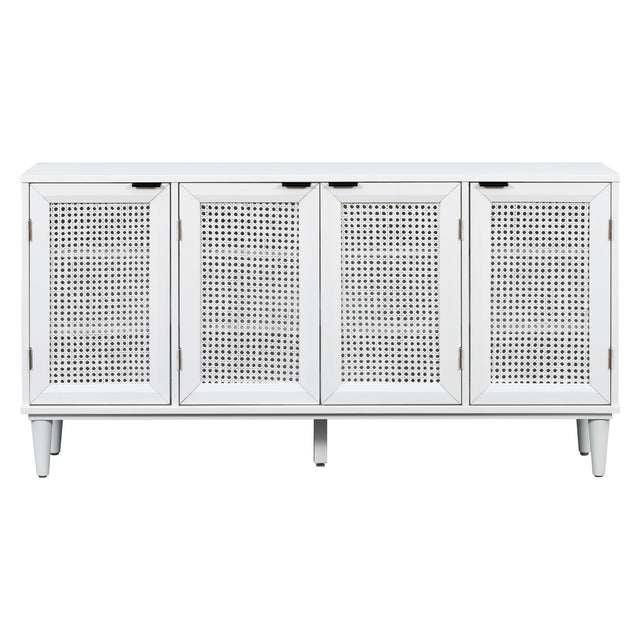 TREXM Large Storage Space Sideboard with Artificial Rattan Door and Unobtrusive Doorknob for Living Room and Entryway (White)