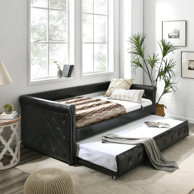 Daybed with Trundle Upholstered Tufted Sofa Bed, with Button and Copper Nail on Arms,both Twin Size, PU Black(85.5“x42”x30.5“)
