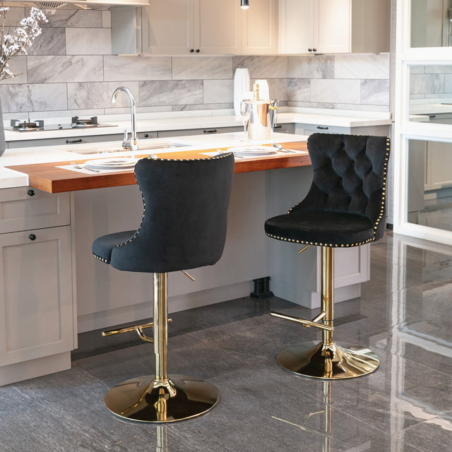 A&A Furniture,Golden Swivel Velvet Barstools Adjusatble Seat Height from 25-33 Inch, Modern Upholstered Bar Stools with Backs Comfortable Tufted for Home Pub and Kitchen Island(Black,Set of 2)