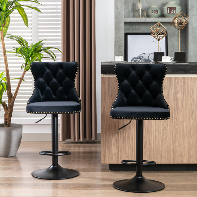 A&A Furniture,Swivel Velvet Barstools Adjusatble Seat Height from 25-33 Inch, Modern Upholstered Bar Stools with Backs Comfortable Tufted for Home Pub and Kitchen Island(Black,Set of 2)