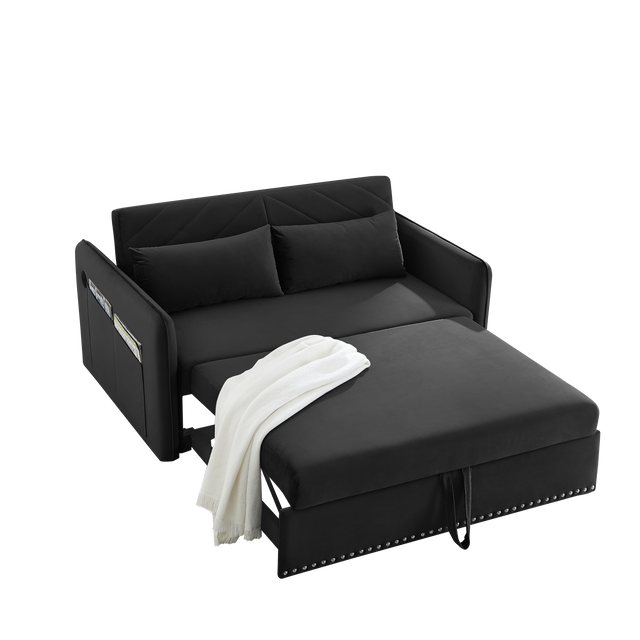 Pull-out sofa sleeper, 3-in-1 adjustable sleeper with pull-out bed, 2 lumbar pillows and side pocket, soft velvet convertible sleeper sofa bed, suitable for living room bedroom.