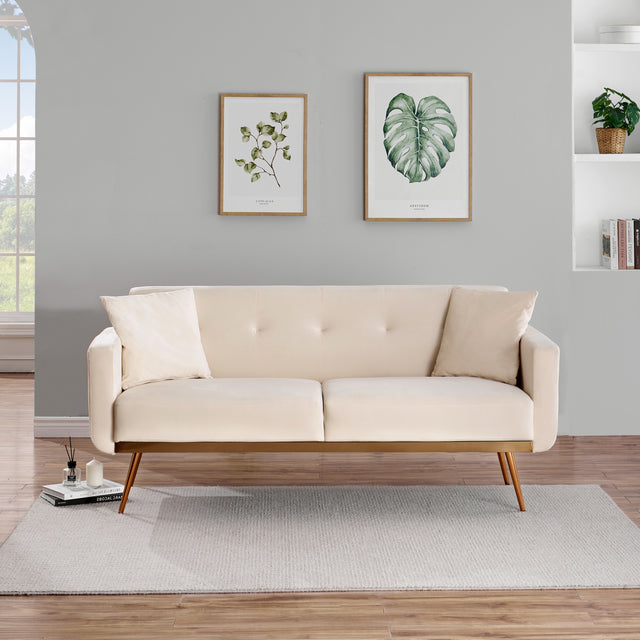 Modern beige velvet sand living room sofa with midfoot and two throw pillows