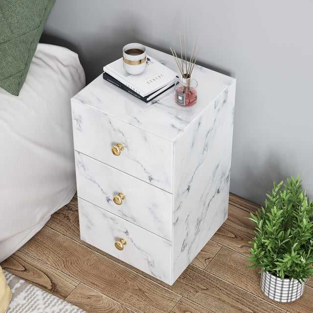 Glass Nightstand, Marble Nightstand with 3 Drawers,Side Table for Bedroom, Living Room(Tempered Glass)