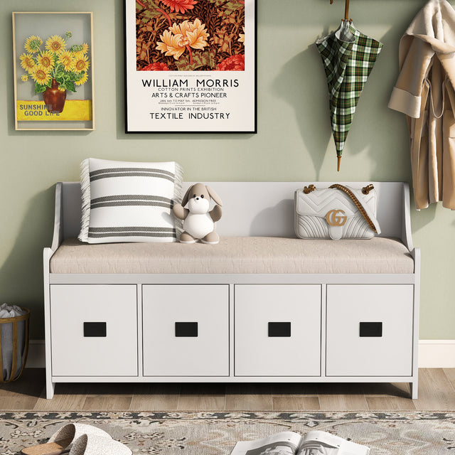 TREXM Movable Cushion Storage Bench with Drawers and Backrest for Entryway and Living Room(White)