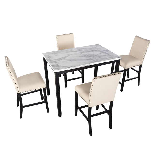 TOPMAX 5 Piece Counter Height Faux Marble Modern Dining Set with Matching Chairs and Marble Veneer for Home, Beige