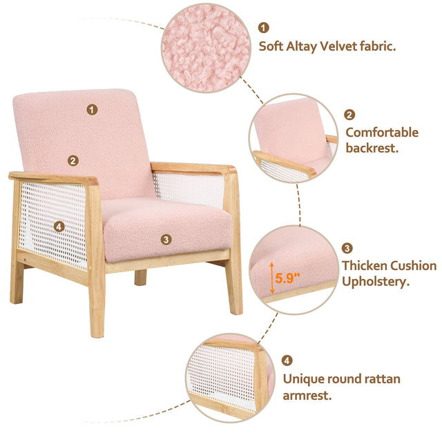 【EAT 3.10】Mid-Century Armchair Rattan Mesh Upholstered Accent Chair,Teddy Short Plush Particle Velvet Armchair for Living Room,Bedroom, Office, Studio,Pink